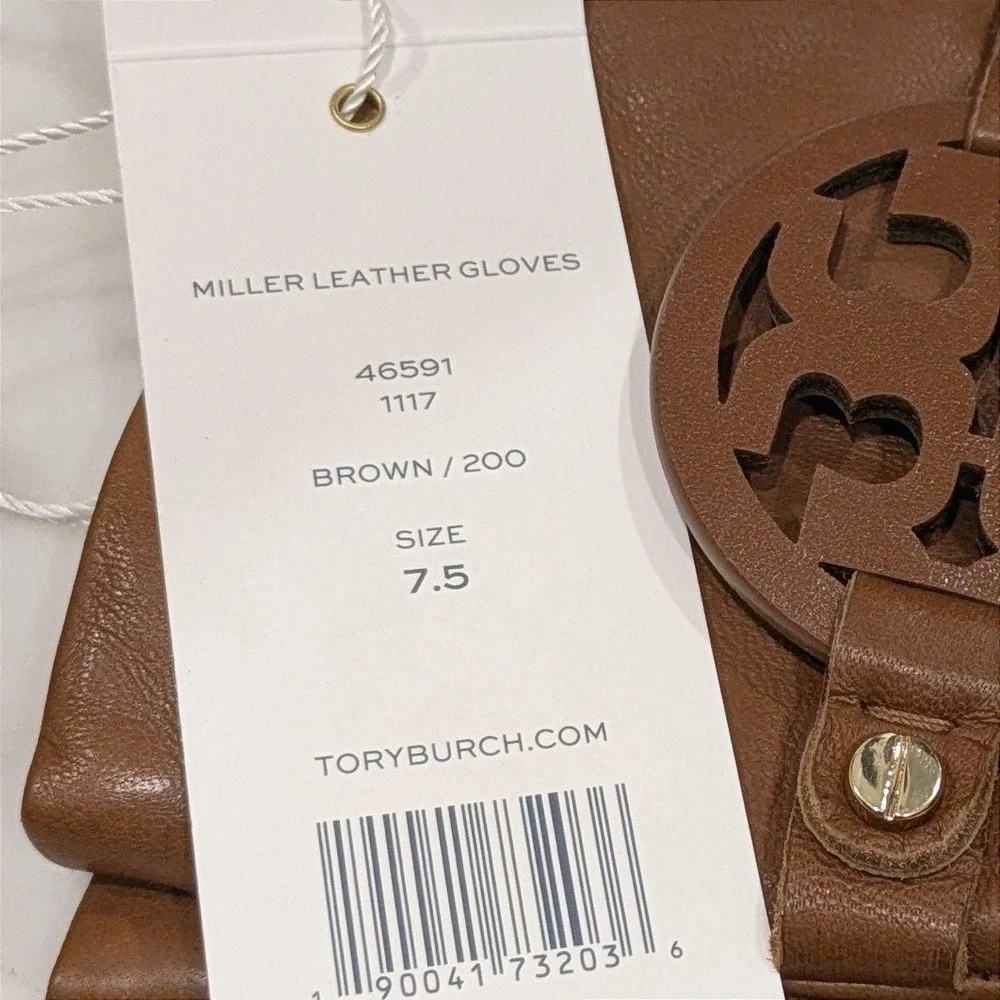 Tory Burch Miller Leather Gloves Women 7.5 T-Logo Brown Cashmere Lined 46591 NEW